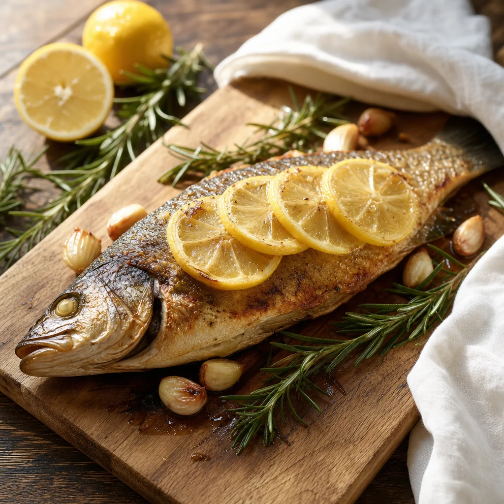 Lubina al horno con hierbas y patatas