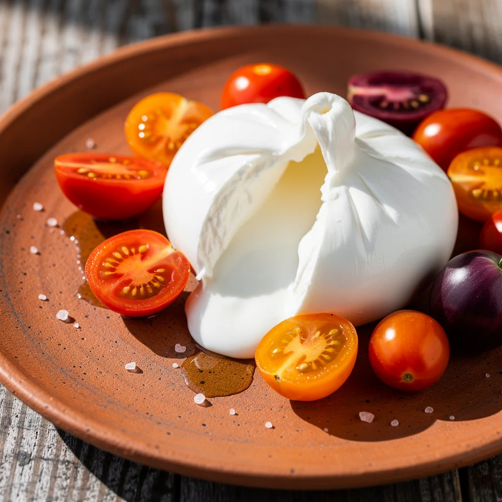 Burrata fresca con tomates cherry y albahaca
