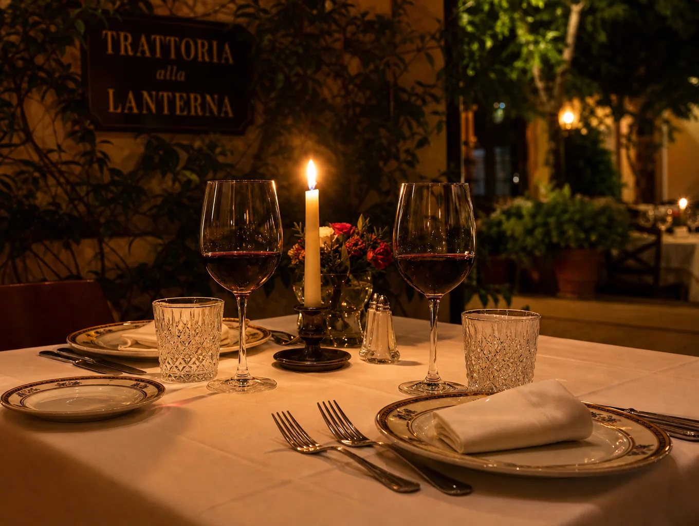 Intimate dining room at Tavola with warm candlelight and rustic decor