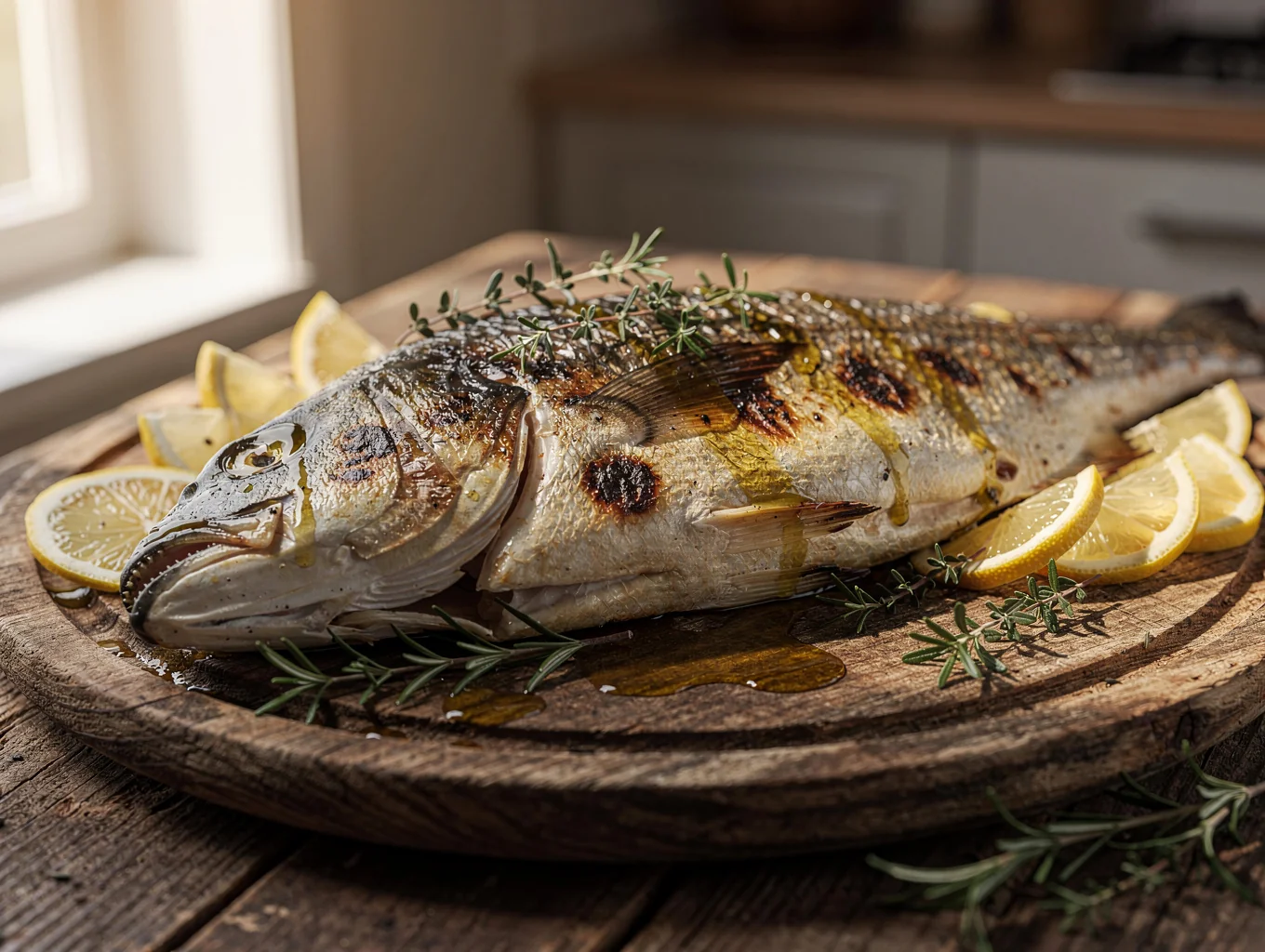 Whole grilled branzino with lemon and herbs