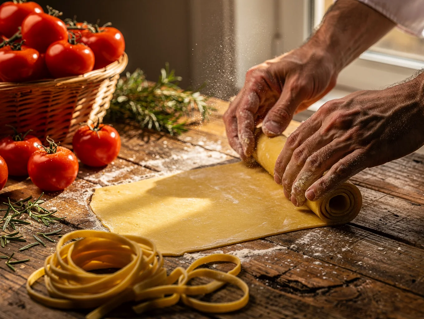 Chef preparing fresh handmade pasta on a wooden kitchen counter