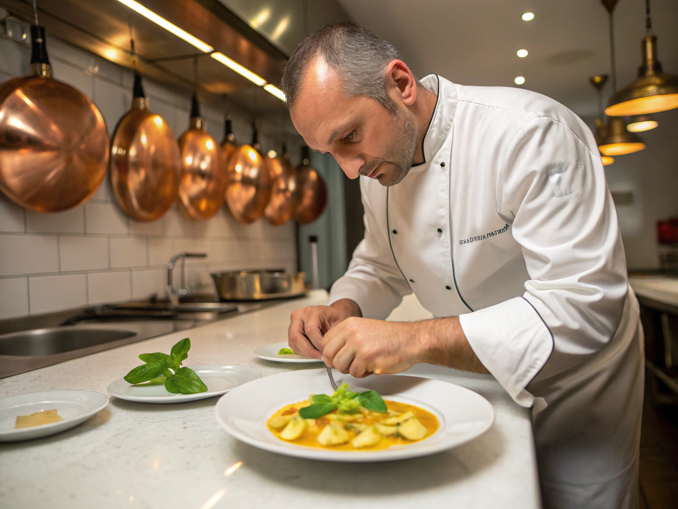 Pastry Chef Marco Rossi plating a dessert