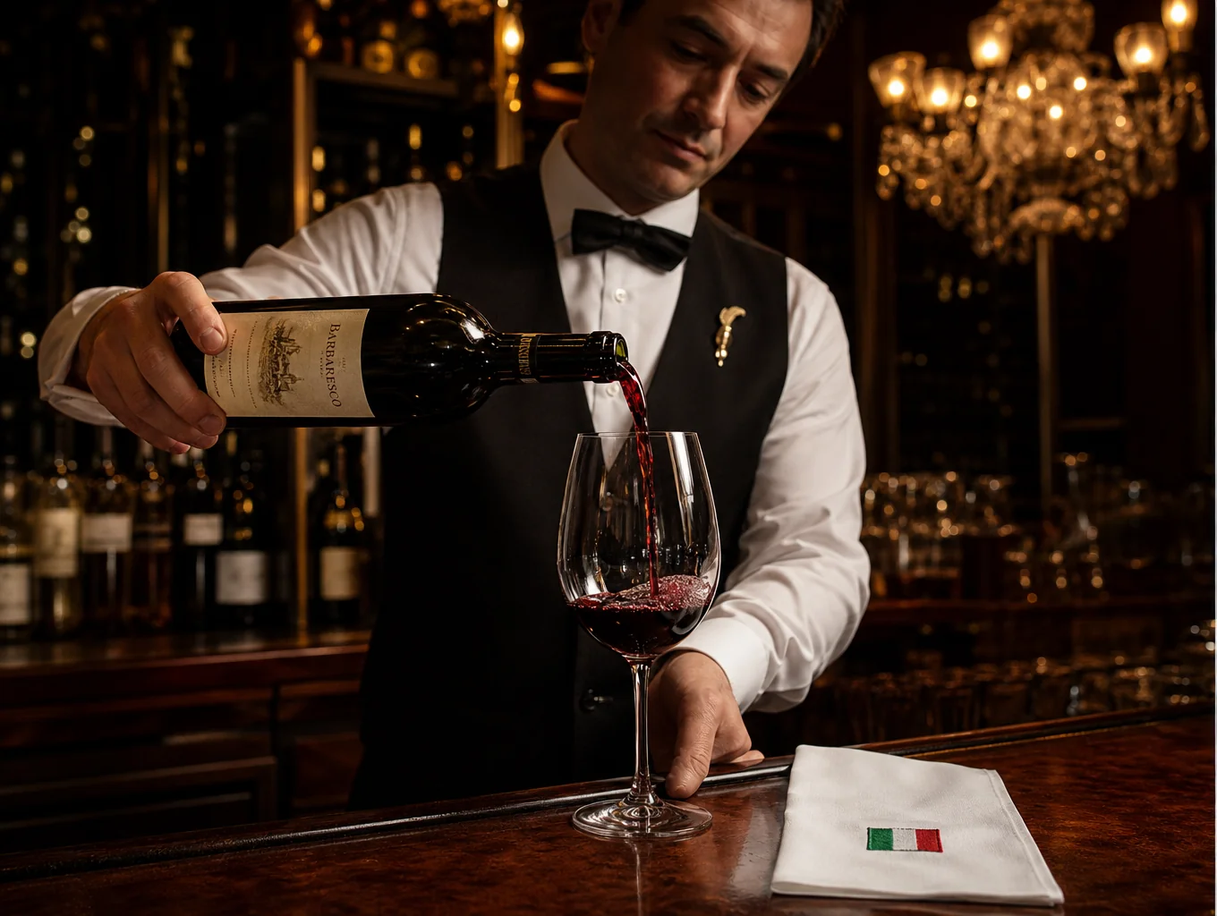 Sommelier pouring fine Italian wine in our cozy cellar space